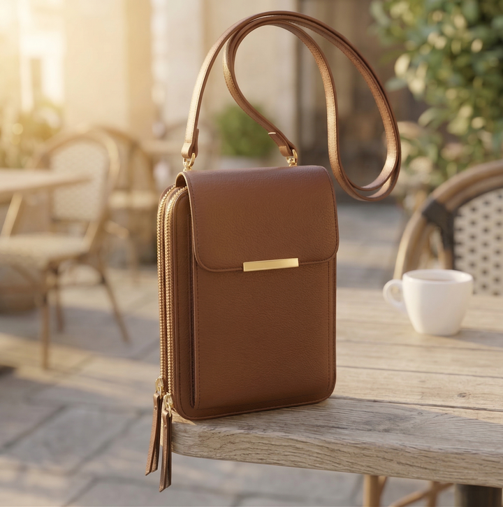 Hnědá varianta crossbody peněženky se zlatou lištou a dvěma zipy stojí na venkovním dřevěném stole. 4