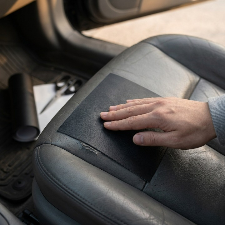Ruka přikládá černou záplatu na prasklé šedé kožené autosedadlo, vedle leží nůžky a role 2