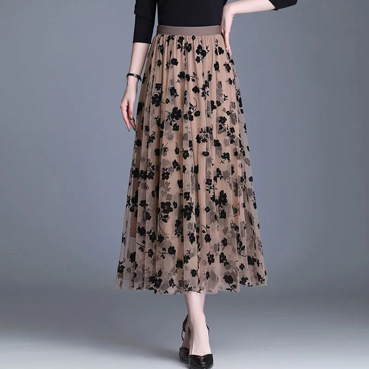 Damen Mesh-Rock, beige mit schwarzen Blumen, Midi-Länge, elegant, modisch, casual.