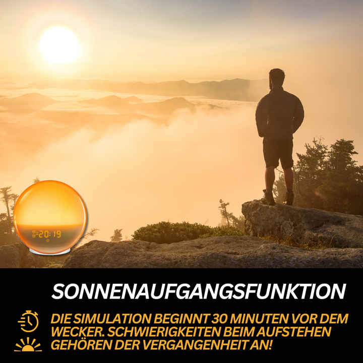 Mann auf Berg bei Sonnenaufgang, Sonnenaufgangswecker, Natur, Morgenroutine, Motivation.