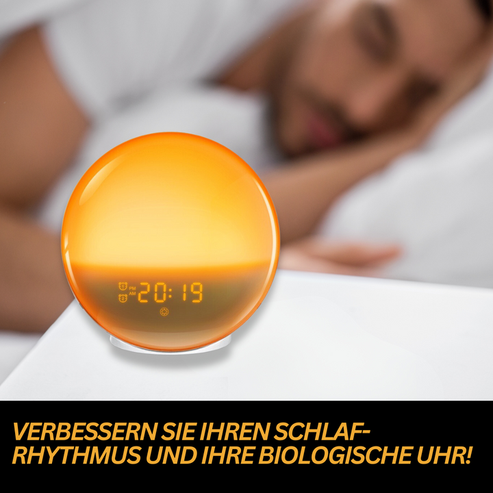 Orange Lichtwecker auf Nachttisch, verbessert Schlafrhythmus, digitale Anzeige, modernes Design.