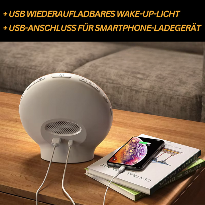 Wiederaufladbares Wake-up-Licht mit USB-Anschluss, Smartphone-Ladegerät, weiß, modern.