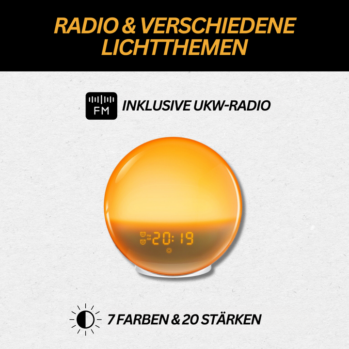Orangefarbener Wecker mit UKW-Radio, 7 Farben, 20 Helligkeitsstufen, LED-Anzeige.