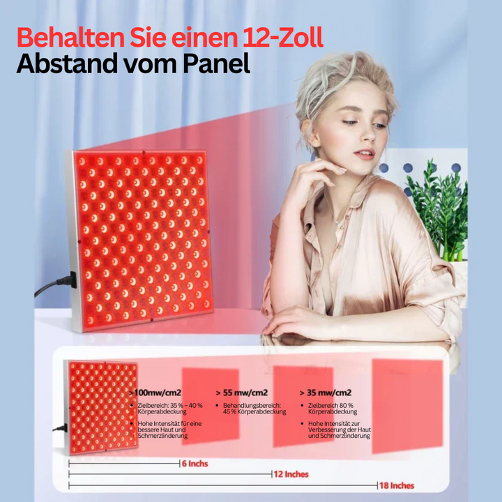 Rotes LED-Lichttherapiepanel, 12-Zoll, Hautpflege, Anti-Aging, Wellness, Frau daneben.