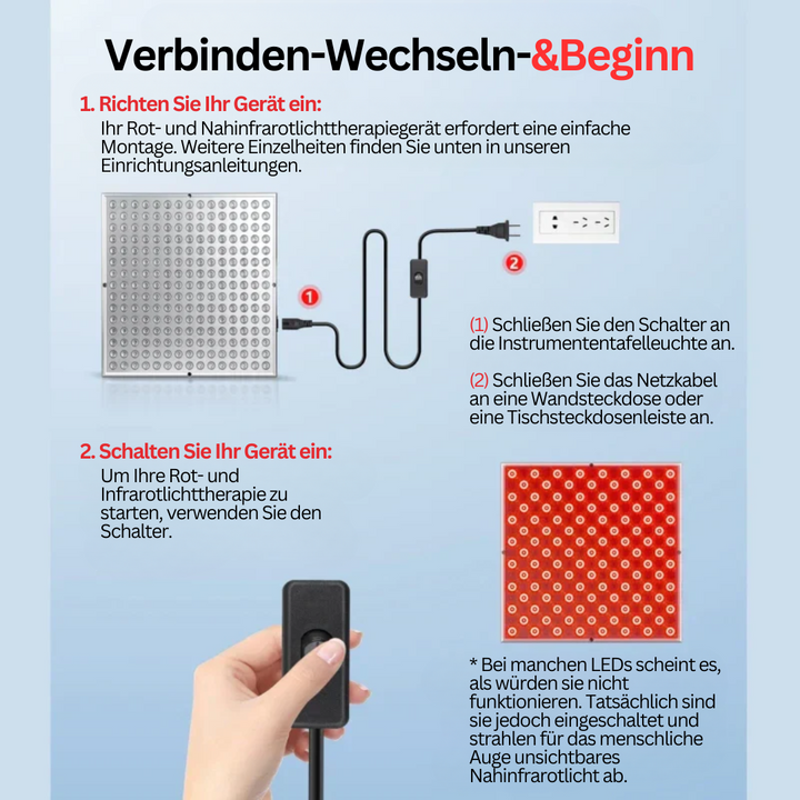 Anleitung zur Inbetriebnahme eines Rot- und Infrarotlichttherapiegeräts mit Netzanschluss.