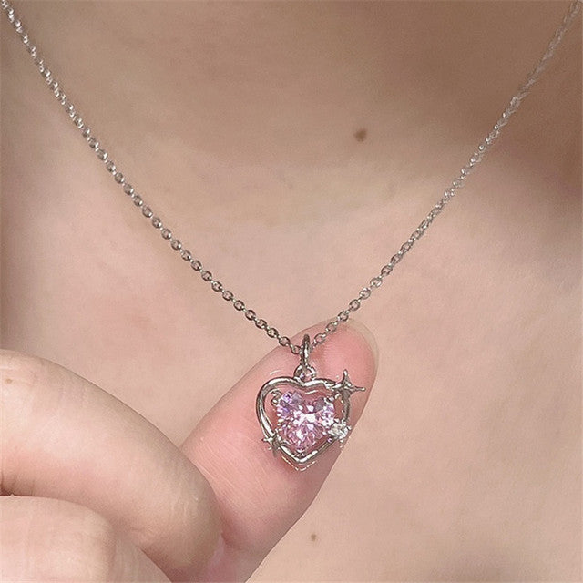 Silberne Halskette mit rosa Herzanhänger, modisch, Harajuku-Stil, für Frauen, Y2K-Ästhetik.