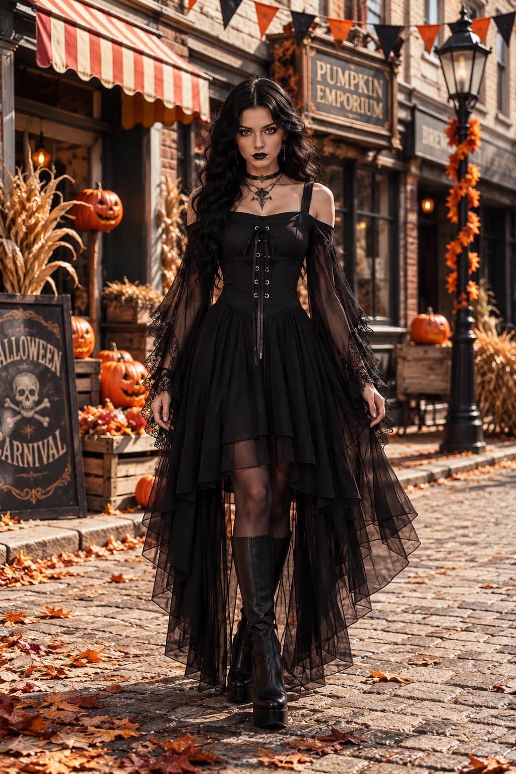 Modelka v černém kostýmu s průsvitnými rukávy kráčí po dlážděné ulici s halloweenskou výzdobou a dýněmi 1
