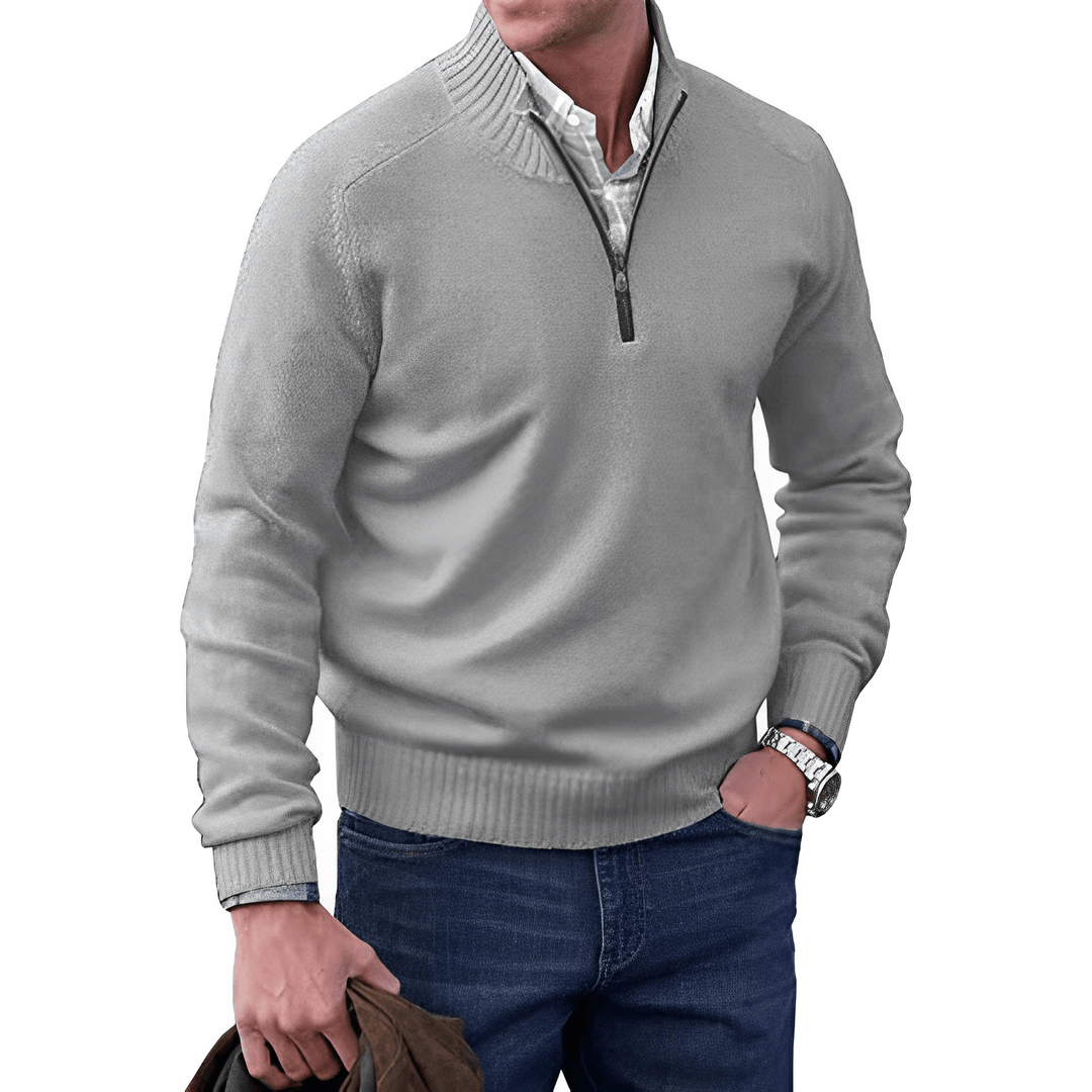 Grauer Herrenpullover mit Reißverschluss, Baumwolle, lässig, modisch, Herbstmode, Freizeitkleidung.