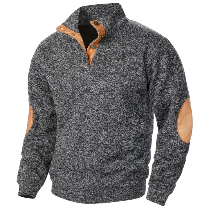 Grauer Herrenpullover mit braunen Ellbogen-Patches und Knopfleiste, Strick, modisch.