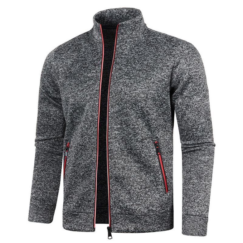 Grauer Herren-Hoodie mit Reißverschluss, Stehkragen, Langarm, sportlich, Baumwollmischung.