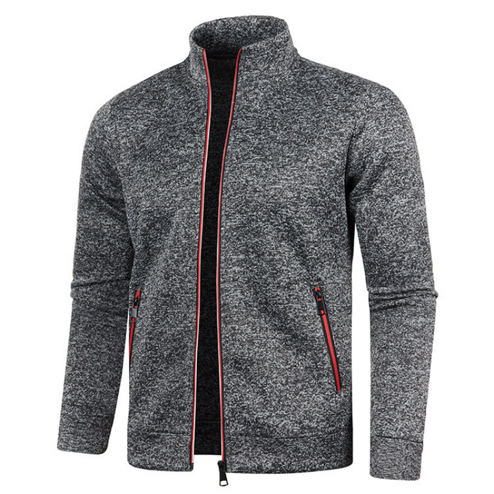 Grauer Herren-Hoodie mit Reißverschluss, Stehkragen, Langarm, sportlich, Baumwollmischung.
