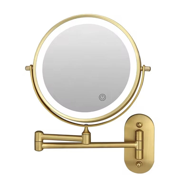 Goldener, runder Wandspiegel mit LED-Beleuchtung, schwenkbar, für Badezimmer.