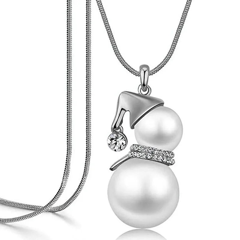 Schneemann-Anhänger Halskette, Silber, Perlen, Strass, Weihnachtsgeschenk, Damen Schmuck