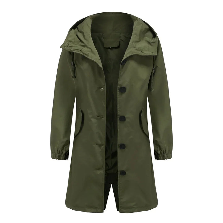 Grüne Damen-Regenjacke mit Kapuze, wasserdicht, Outdoor-Bekleidung, modisch.