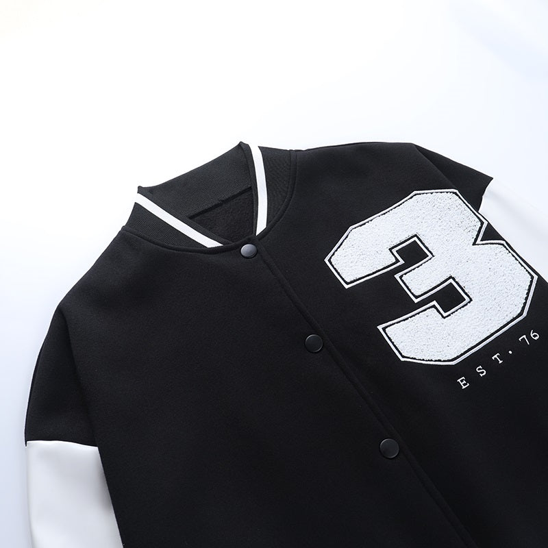 Schwarze Collegejacke mit weißem Ärmel, Nummer 3, EST.76, Unisex, modisch, Baumwolle.