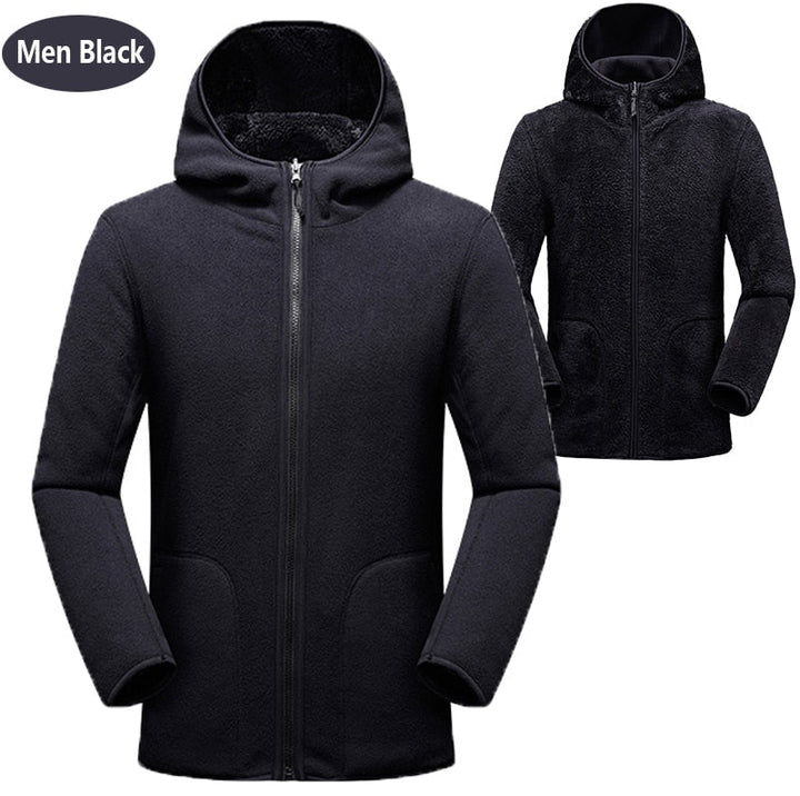 Schwarze Herren-Fleecejacke mit Kapuze, Reißverschluss, warm, modisch, Winterbekleidung.