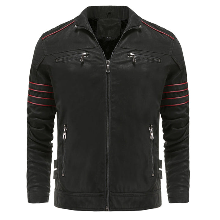Schwarze Lederjacke mit roten Streifen, Reißverschlusstaschen, Herrenmode, Biker-Stil.