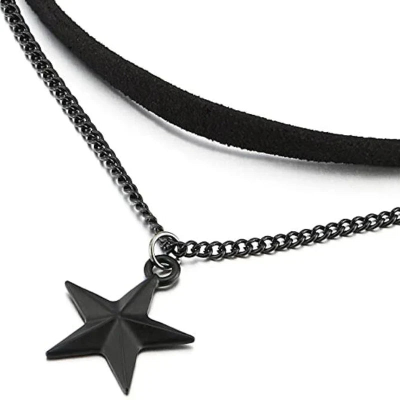 Schwarze Stern-Halskette aus Leder und Metall, modisches Accessoire für Damen und Herren.