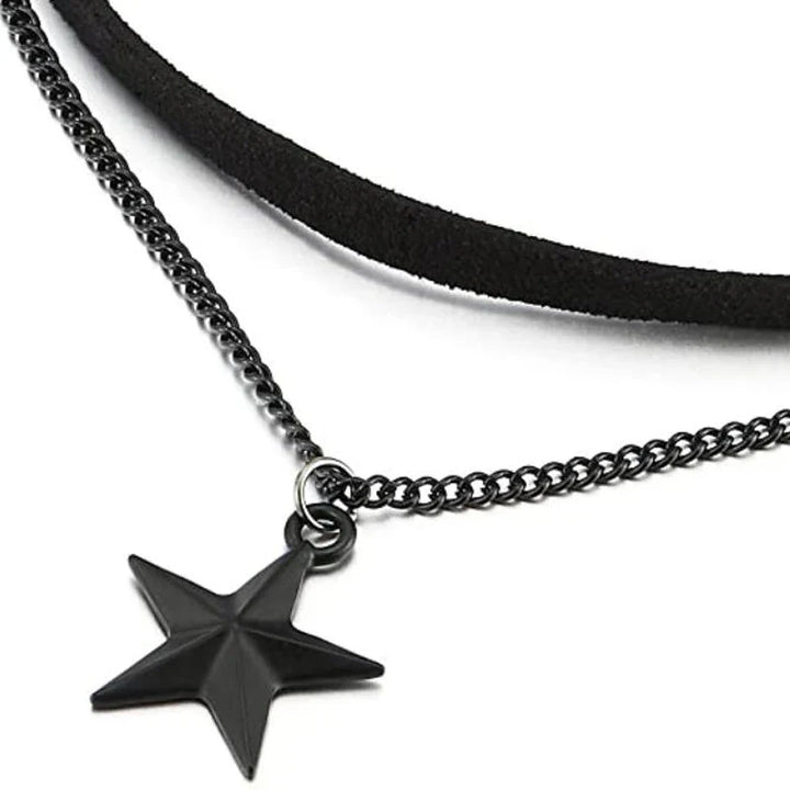 Schwarze Stern-Halskette aus Leder und Metall, modisches Accessoire für Damen und Herren.