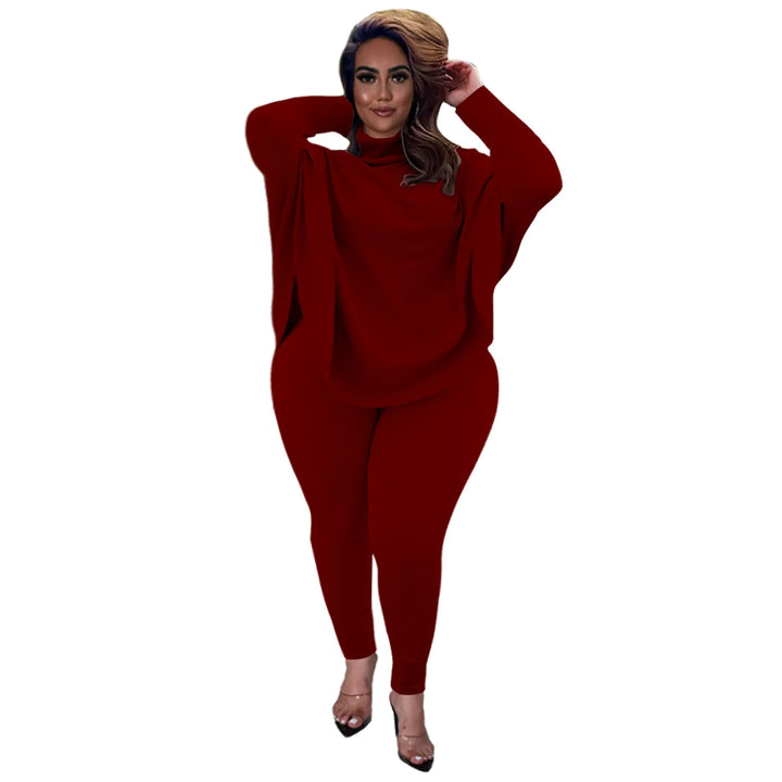 Damenmode Set, roter Pullover und Leggings, Plus Size, elegantes Design, Herbst-Winter-Outfit.