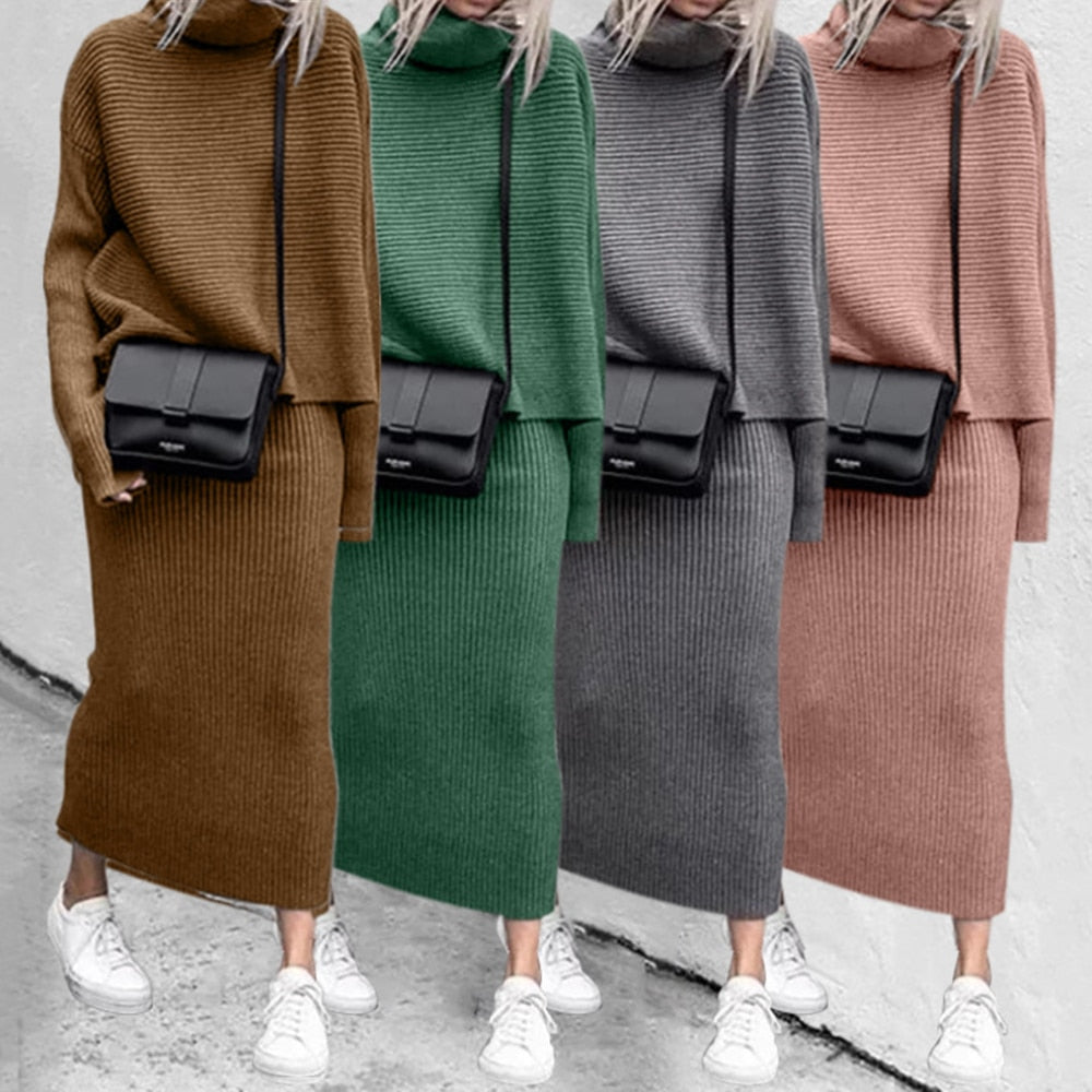 Damen Strickkleid Set, Rollkragen, lang, in Braun, Grün, Grau, Rosa, mit Umhängetasche.