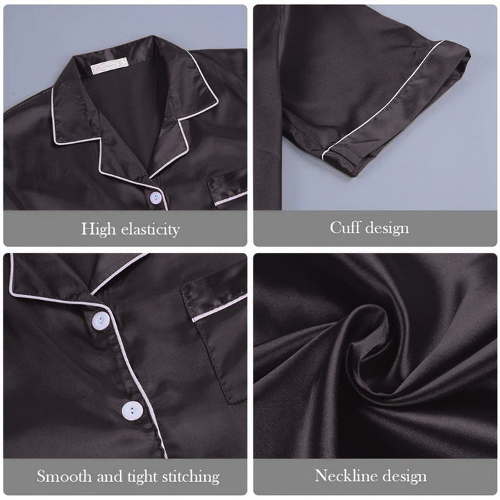 Schwarzes Satin-Pyjama-Set, Knopfleiste, weiße Paspeln, elastisch, glatte Nähte.