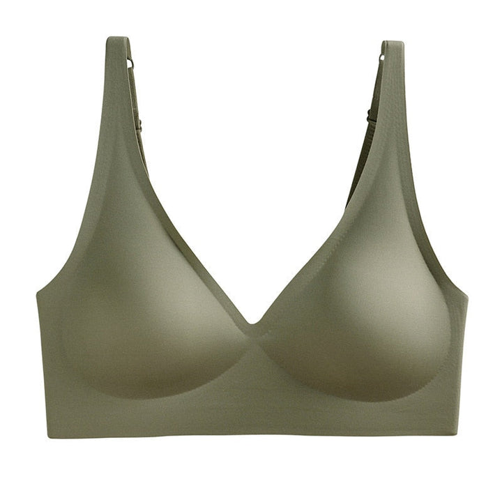Grüner nahtloser Damen-BH, V-Ausschnitt, verstellbare Träger, bequem, elastisch.