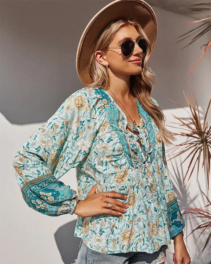 Vintage Boho podzimní blůza s květinovým potiskem a dlouhými rukávy – Sana
