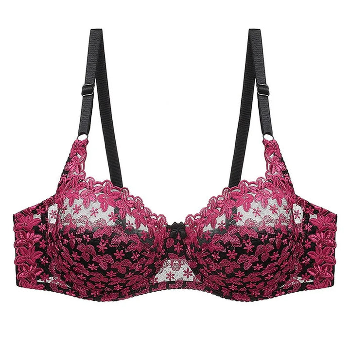 Schwarzer und pinker Spitzen-BH, verstellbare Träger, florales Design, Damenunterwäsche.