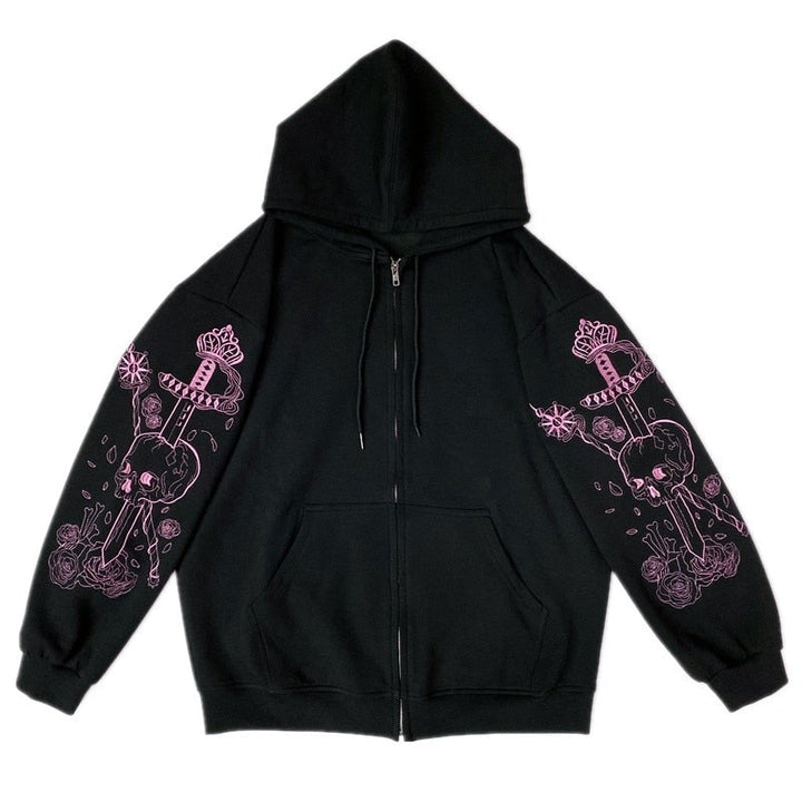 Schwarzer Kapuzenpullover mit rosa Totenkopf-Design, Reißverschluss, Unisex, Baumwolle.
