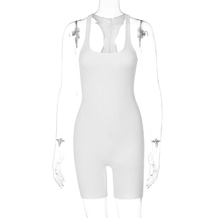 Weiße Damen-Ribbed-Bodycon-Jumpsuit, ärmellos, sportlich, bequem, modisch.