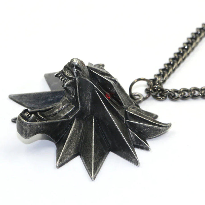 Silberner Wolfskopf-Anhänger, Edelstahl, rotes Auge, Herrenschmuck, Kettenhalskette.