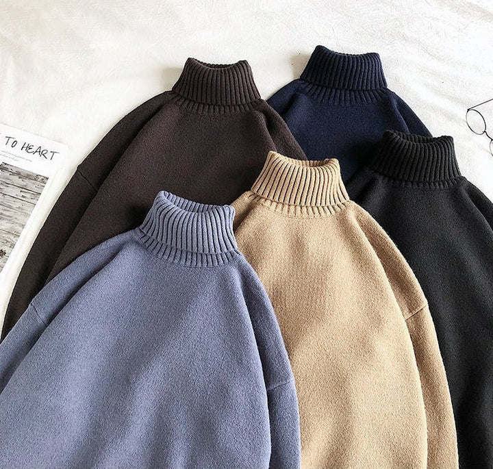 Fünf Rollkragenpullover aus Wolle in Blau, Braun, Beige und Schwarz auf weißem Hintergrund.
