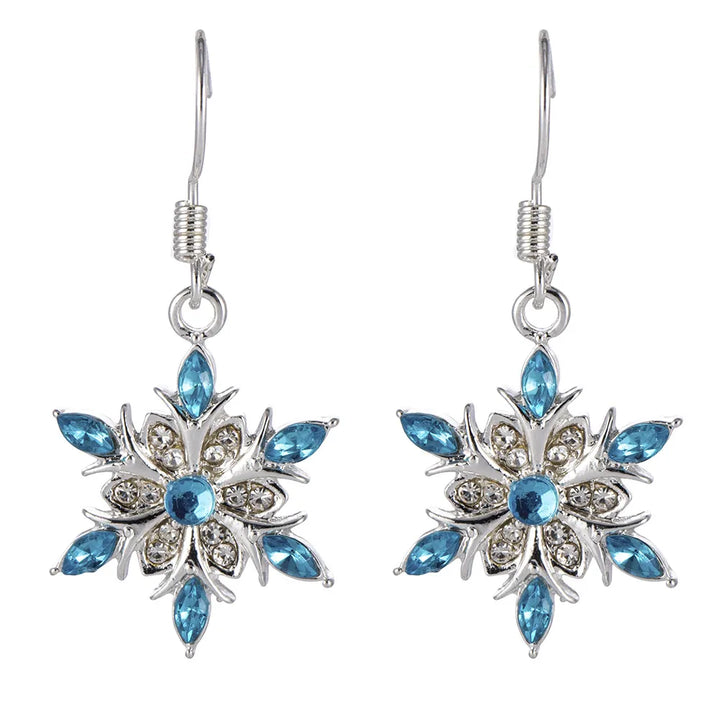 Silberne Ohrringe mit blauen Kristallen, Schneeflocken-Design, eleganter Schmuck für Damen.