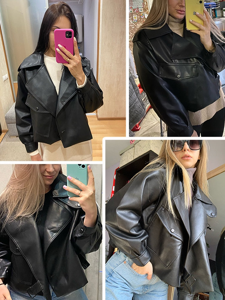 Damen schwarze Lederjacke, oversized, modisch, Herbstmode, Streetwear, lässiger Stil.