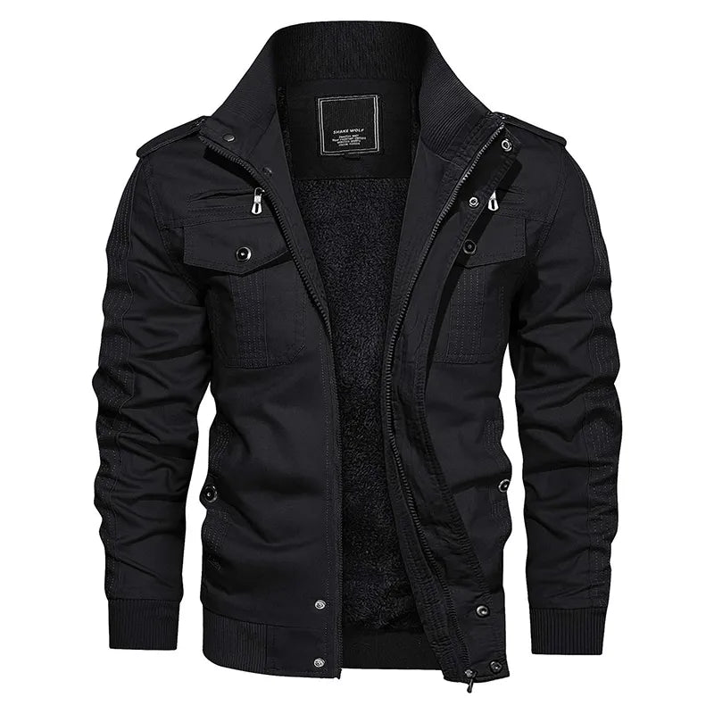 Schwarze Herrenjacke, Reißverschluss, Baumwolle, modisch, Outdoor, Herbstmode, warm, stilvoll.