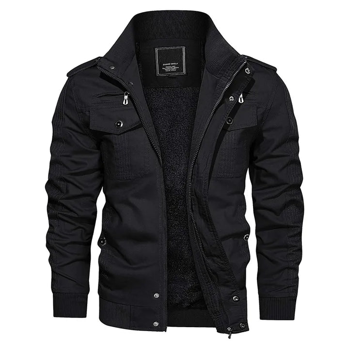 Schwarze Herrenjacke, Reißverschluss, Baumwolle, modisch, Outdoor, Herbstmode, warm, stilvoll.