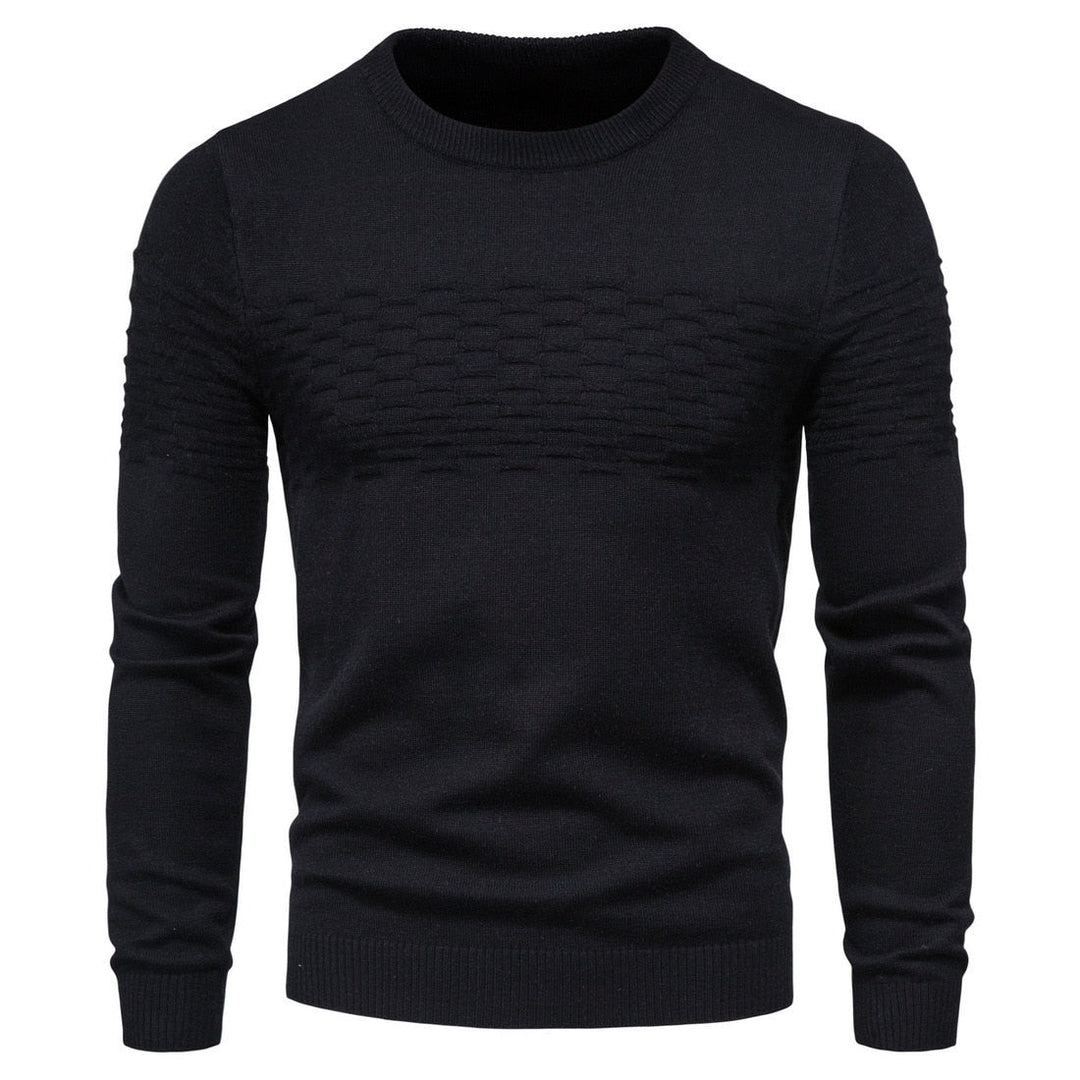 Schwarzer Herrenpullover, Strickmuster, Rundhalsausschnitt, Langarm, modisch, warm.