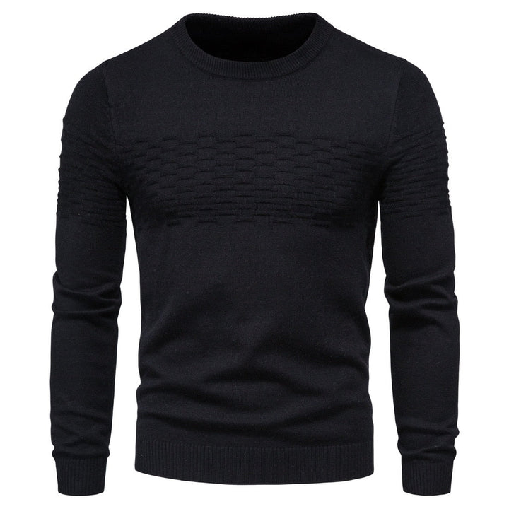 Schwarzer Herrenpullover, Strickmuster, Rundhalsausschnitt, Langarm, modisch, warm.