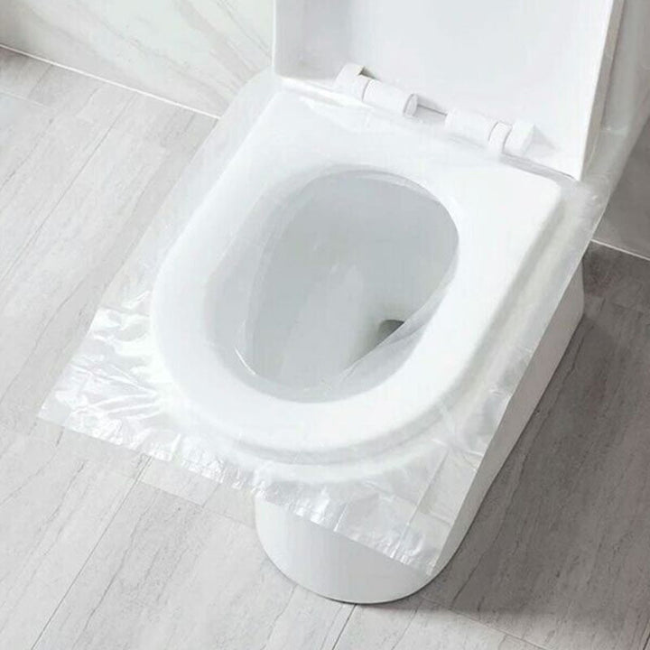 Toilettensitz mit Einweg-Schutzfolie, weiß, hygienisch, Badezimmerzubehör, rutschfest.