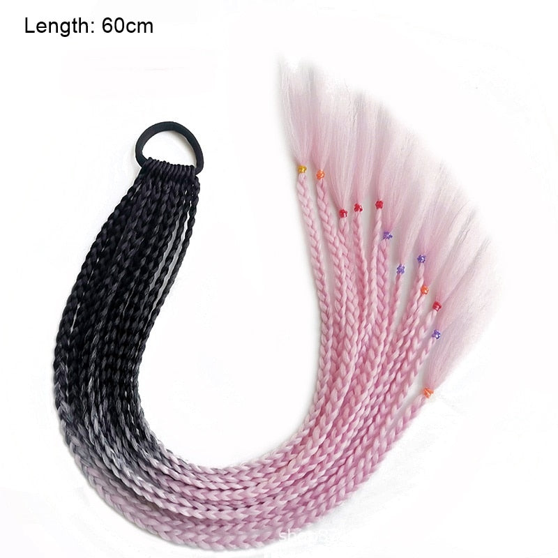 Schwarze und rosa Ombre Haarverlängerung, 60 cm, geflochten, synthetisch, mit bunten Perlen.