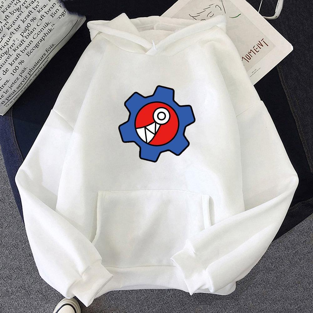 Weißer Hoodie mit Zahnrad-Design, Cartoon-Motiv, Baumwolle, Unisex, modisch, bequem.