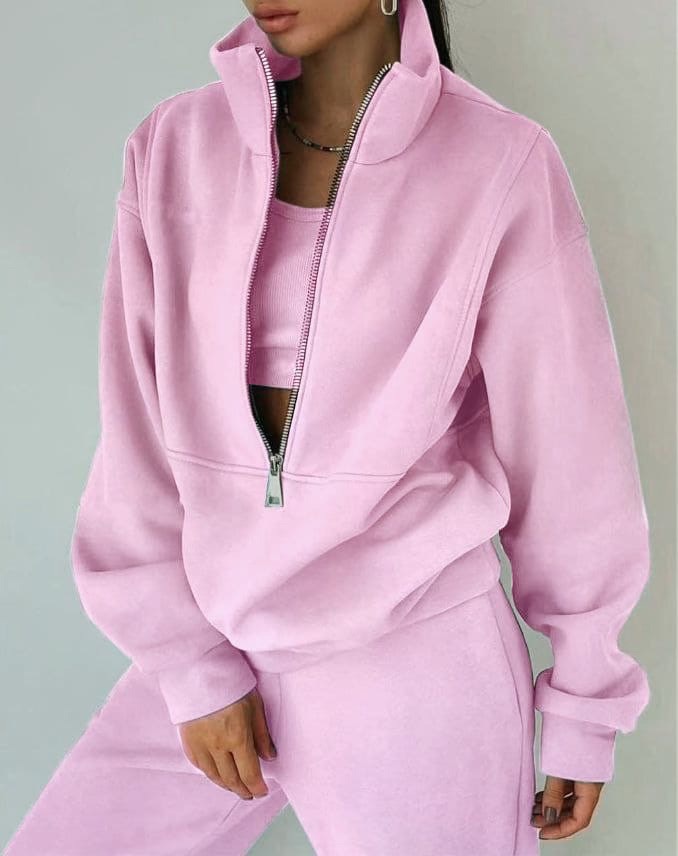 Damen Jogginganzug rosa, Reißverschluss, Freizeitmode, bequem, zweiteiliges Set