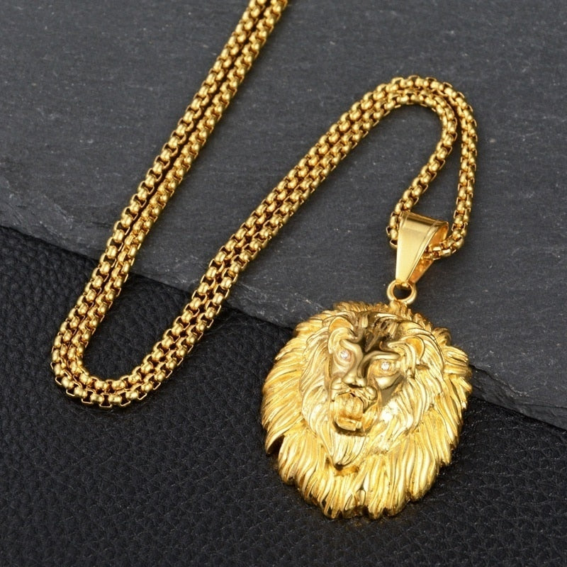 Goldene Löwenkopf-Halskette, Edelstahl, Herren-Schmuck, modisches Accessoire, Geschenkidee.
