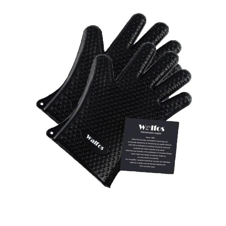 Schwarze Silikon-Küchenhandschuhe hitzebeständig, rutschfest, Walfos Marke.