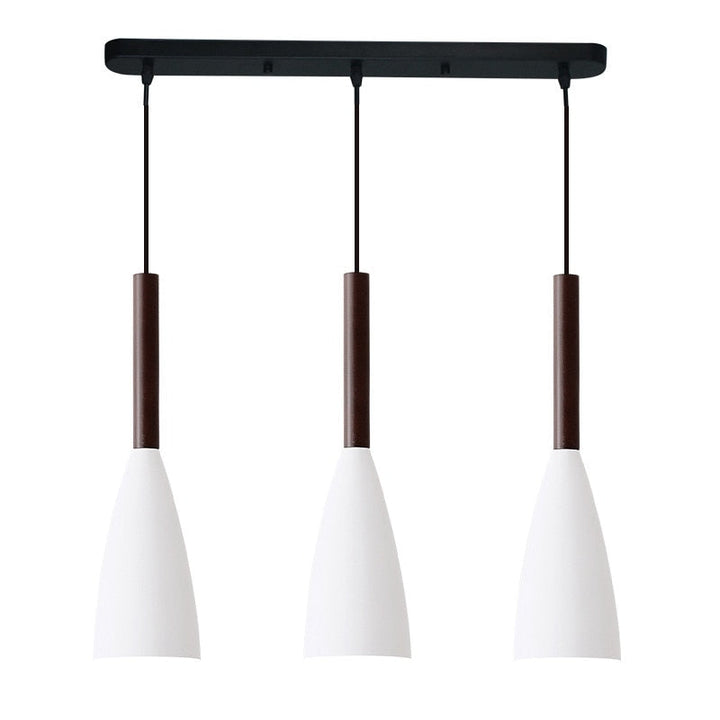 Moderne dreiflammige Pendelleuchte, weiß und braun, für Esszimmer oder Küche.