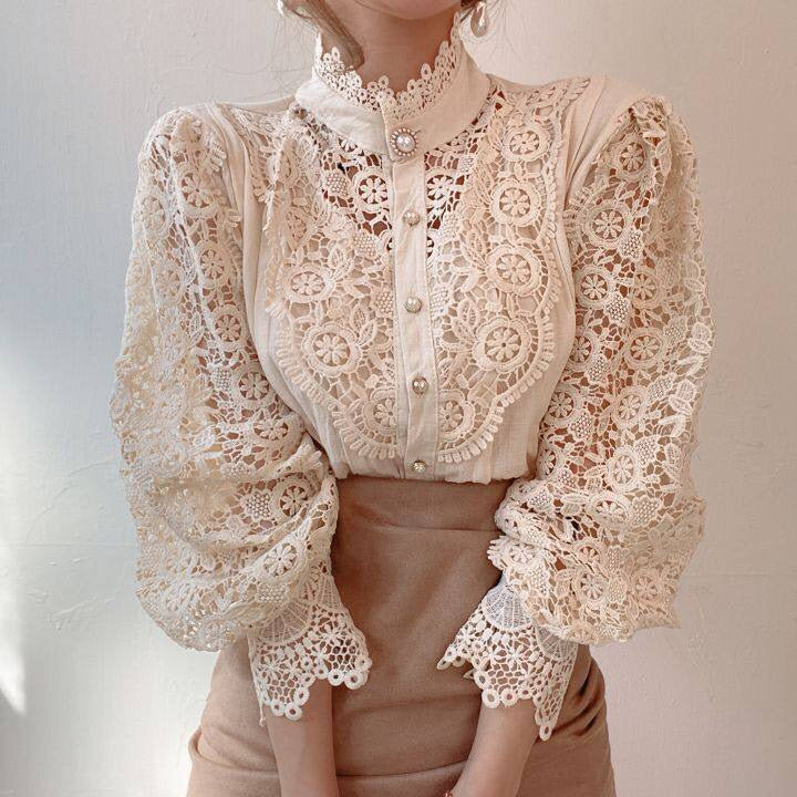 Damenbluse aus Spitze, cremefarben, Vintage-Stil, lange Ärmel, elegante Mode, Boho-Chic.