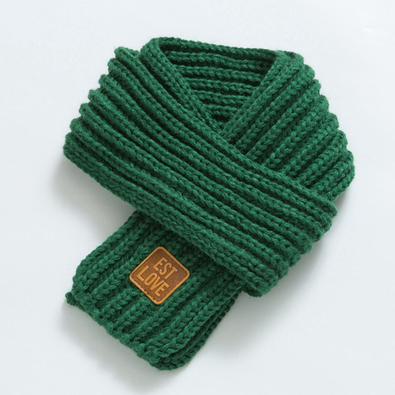 Grüner Strickschal aus Wolle mit Lederetikett, modisches Winteraccessoire.