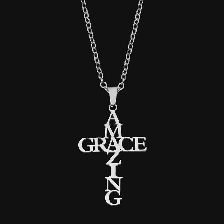 Silberne Kreuzkette mit "Amazing Grace" Schriftzug, elegantes Schmuckstück für Damen.