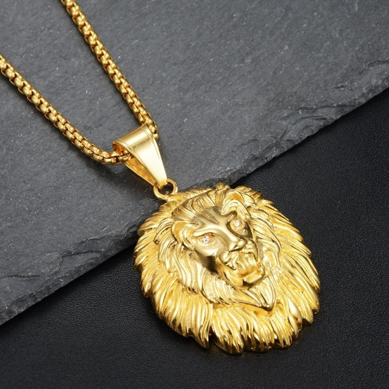 Goldene Löwenkopf-Halskette, Herren-Schmuck, Edelstahl, modisches Accessoire, Geschenkidee.